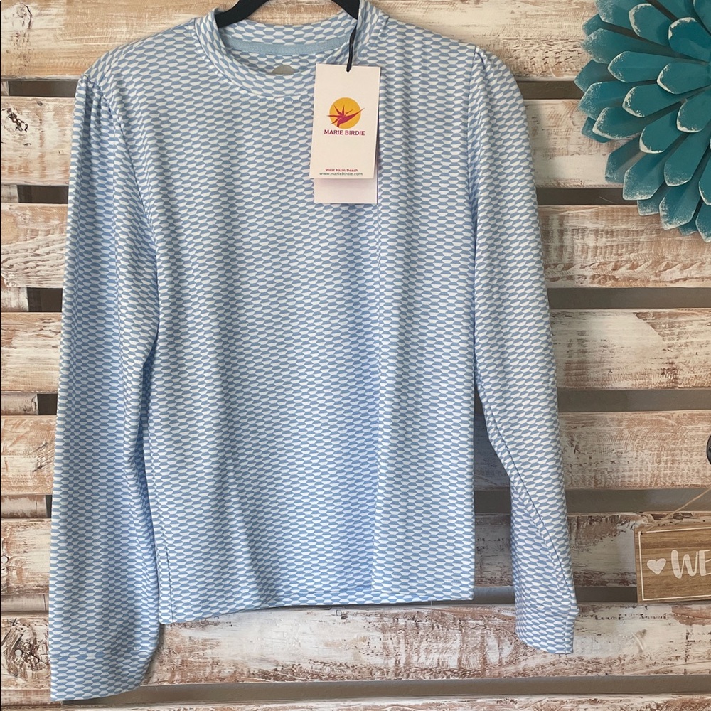 Marie Birdie long-sleeve shirt, light blue & white patterned top, crew neckline
